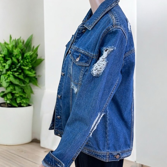 TinselTown Oversized Destroyed Blue Denim Jacket - Picture 12 of 16